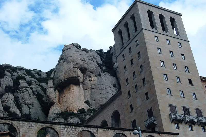 the conglomerate towers of Montserrat catching low sun.